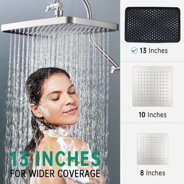 Alt view image 4 of 7 - 13-Inch Shower Heads with Multi-Function Handheld Sprayer Combo 3-Way Metal Extended Diverter with Holder and Metal Adjustable Curved Shower Extension Arm Extra Long Hose Brushed Nickel