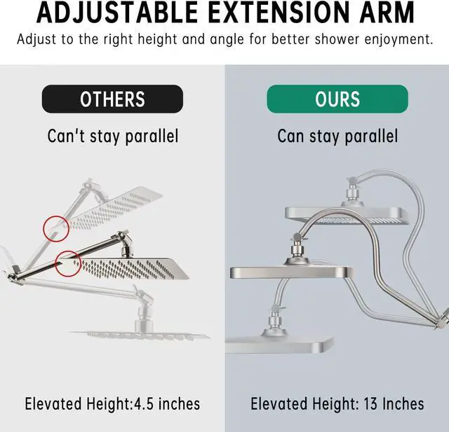 Alt view image 5 of 7 - 13-Inch Shower Heads with Multi-Function Handheld Sprayer Combo 3-Way Metal Extended Diverter with Holder and Metal Adjustable Curved Shower Extension Arm Extra Long Hose Brushed Nickel