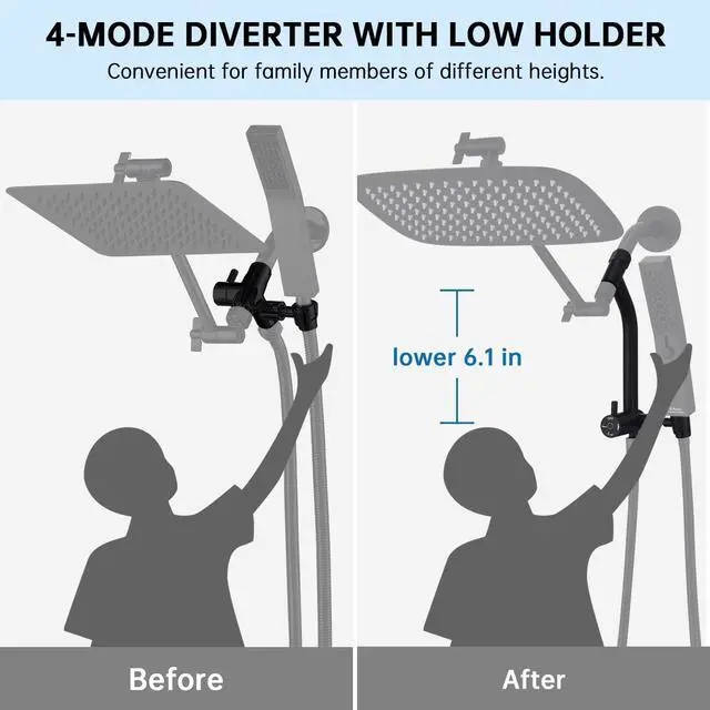 Alt view image 3 of 6 - All Metal 12 Inch Shower Head with Massage Mode Handheld Rain Shower Head with Handheld Spray Combo 3-Way Diverter with Pause Setting 11 Inch Adjustable Extension Arm (Matte Black)