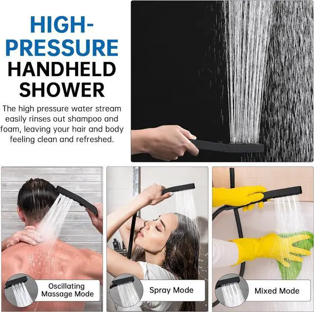 Alt view image 4 of 6 - All Metal 12 Inch Shower Head with Massage Mode Handheld Rain Shower Head with Handheld Spray Combo 3-Way Diverter with Pause Setting 11 Inch Adjustable Extension Arm (Matte Black)
