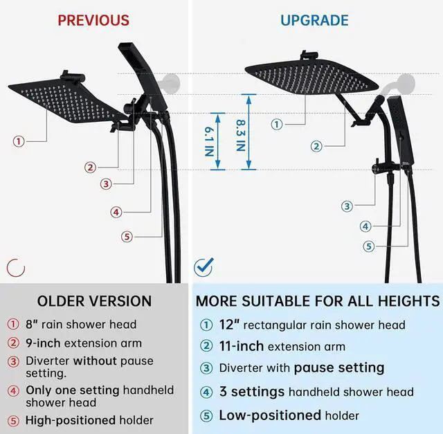 Alt view image 5 of 6 - All Metal 12 Inch Shower Head with Massage Mode Handheld Rain Shower Head with Handheld Spray Combo 3-Way Diverter with Pause Setting 11 Inch Adjustable Extension Arm (Matte Black)