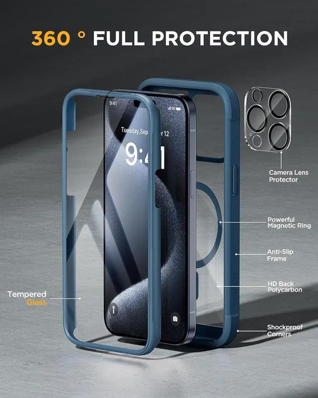 Alt view image 2 of 6 - Magnetic for iPhone 15 Pro Case [Compatible with MagSafe] Full-Body Phone case with Built-in Glass Screen Protector& Camera Protector Military Drop Proof 15 Pro Cover 6.1 inch Storm Blue