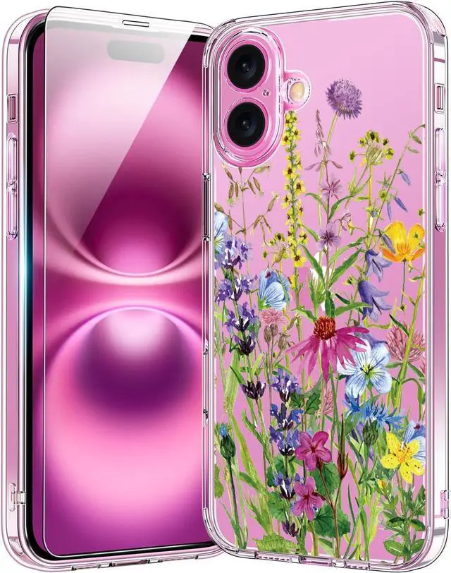 Main image of for iPhone 16 Plus Case with Screen Protector Enhanced Camera Protection Crystal Clear Cover with Fashionable Designs for Girls Women Slim Fit Protective Phone Case Blooming Flowers