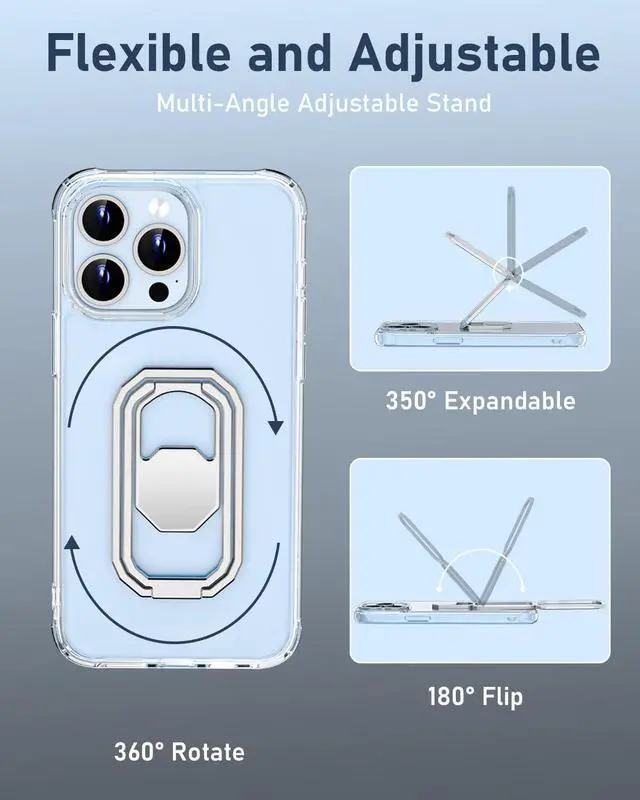 Alt view image 3 of 7 - for iPhone 15 Pro Max Case with Metal Stand Phone Case Clear with Double Ring Holder Finger Kickstand [Foldable & Adjustable] Shockproof Protective Cover - Transparent