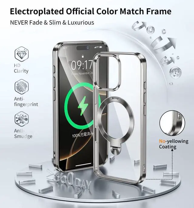 Alt view image 5 of 7 - [CD Metal Ring & Invisible 360° Spin Stand] Magnetic Case for iPhone 16 Pro Max [Electroplated Shockproof Bumper ][Compatible with Mag Safe]Cover with Stand for Women Men Slim Clear Natural Titanium
