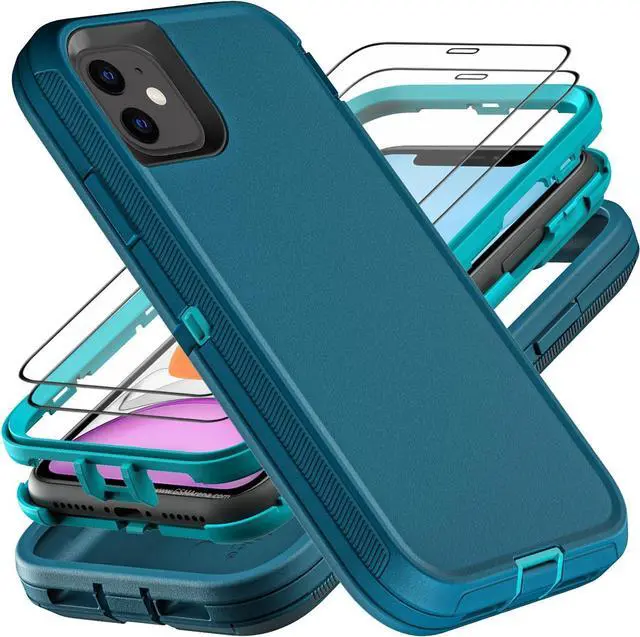 Main image of for iPhone 11 Case Military Grade 3 in 1 Heavy Duty Shockproof/Drop Proof/Dust Proof Case with 2Pcs Tempered Glass Screen Protector (Blue/Turquoise)