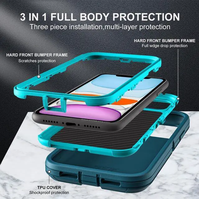 Alt view image 4 of 6 - for iPhone 11 Case Military Grade 3 in 1 Heavy Duty Shockproof/Drop Proof/Dust Proof Case with 2Pcs Tempered Glass Screen Protector (Blue/Turquoise)