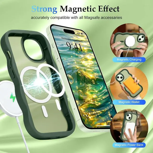 Alt view image 3 of 7 - for iPhone 14/15 Plus Case Curly Wave Frame Hard Translucent Clear Cover for Women Men Compatible with Magsafe TPU Shockproof Protective Phone Case for iPhone 15/14 Plus Green