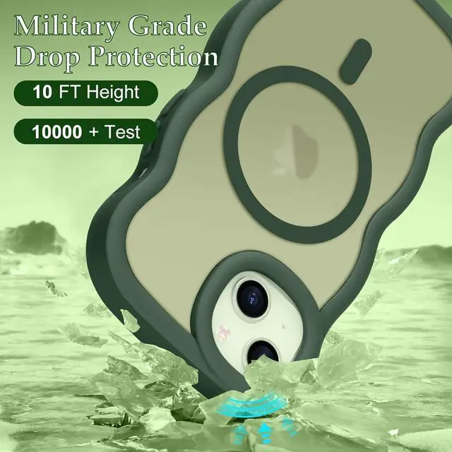 Alt view image 4 of 7 - for iPhone 14/15 Plus Case Curly Wave Frame Hard Translucent Clear Cover for Women Men Compatible with Magsafe TPU Shockproof Protective Phone Case for iPhone 15/14 Plus Green