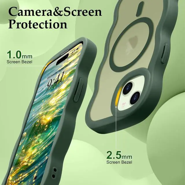 Alt view image 5 of 7 - for iPhone 14/15 Plus Case Curly Wave Frame Hard Translucent Clear Cover for Women Men Compatible with Magsafe TPU Shockproof Protective Phone Case for iPhone 15/14 Plus Green