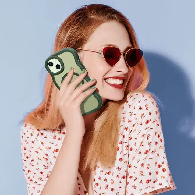 Alt view image 7 of 7 - for iPhone 14/15 Plus Case Curly Wave Frame Hard Translucent Clear Cover for Women Men Compatible with Magsafe TPU Shockproof Protective Phone Case for iPhone 15/14 Plus Green