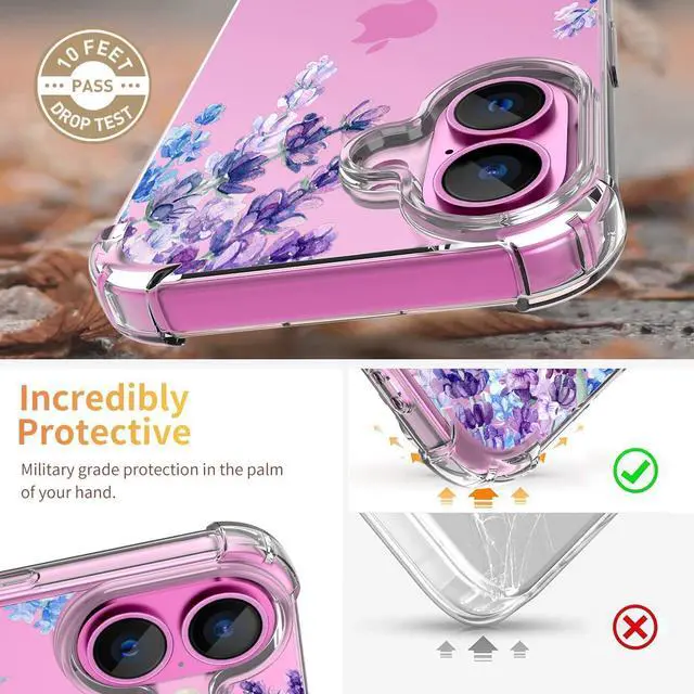Alt view image 3 of 6 - for iPhone 16 Case [3 in 1] with Screen Protector & Camera Lens Protector Flower Pattern Design Clear Soft Shockproof Slim Floral Phone Cover for Women Girls 2024 6.1 (Lavender/Purple)