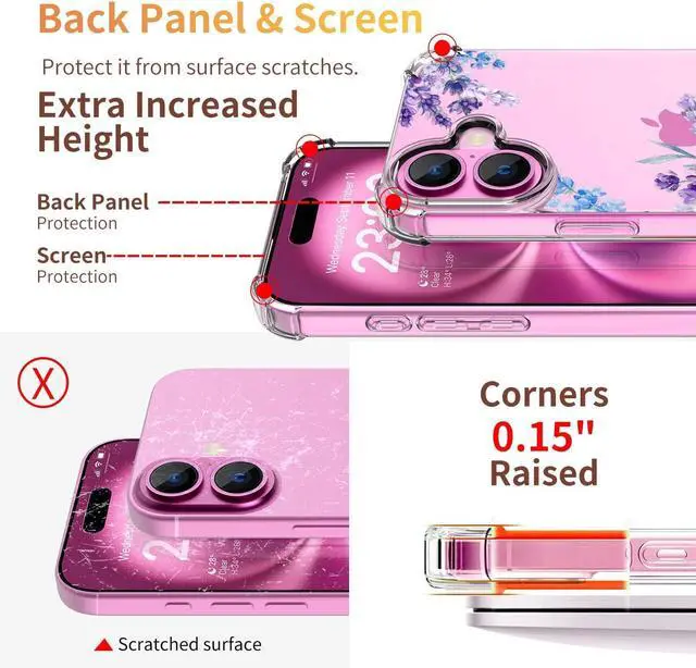 Alt view image 4 of 6 - for iPhone 16 Case [3 in 1] with Screen Protector & Camera Lens Protector Flower Pattern Design Clear Soft Shockproof Slim Floral Phone Cover for Women Girls 2024 6.1 (Lavender/Purple)