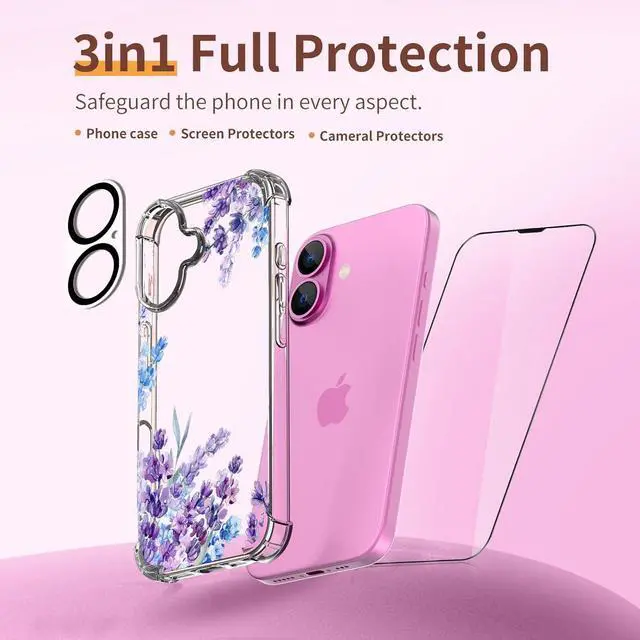 Alt view image 5 of 6 - for iPhone 16 Case [3 in 1] with Screen Protector & Camera Lens Protector Flower Pattern Design Clear Soft Shockproof Slim Floral Phone Cover for Women Girls 2024 6.1 (Lavender/Purple)