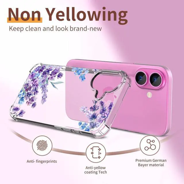 Alt view image 6 of 6 - for iPhone 16 Case [3 in 1] with Screen Protector & Camera Lens Protector Flower Pattern Design Clear Soft Shockproof Slim Floral Phone Cover for Women Girls 2024 6.1 (Lavender/Purple)