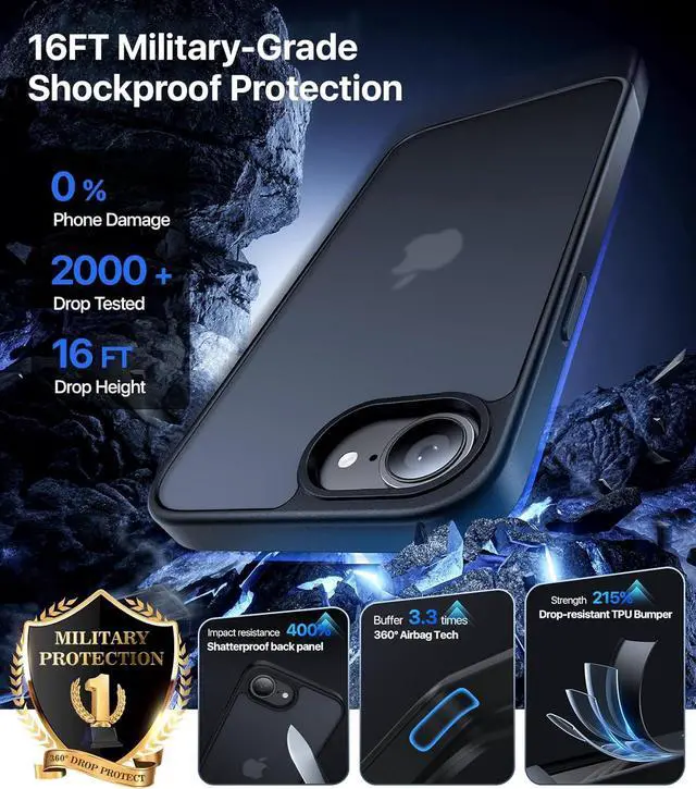 Alt view image 2 of 6 - iPhone 16e Case [16FT Military Grade Drop Protection] Anti-Slip Anti-Scratch Slim Frosted Matte Translucent Cover 16e Phone Case for iPhone 16 e case 6.1 Frosted Black