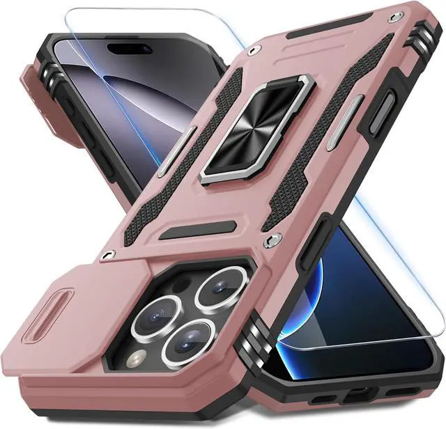 Main image of Case for iPhone 16 Pro Max with Slide Camera Cover+Screen Protector (1 Pack) Rotated Ring Kickstand Military Grade Shockproof Protective Cover-Rose Gold