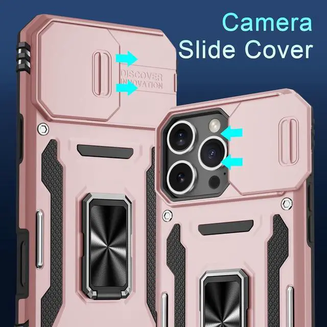 Alt view image 2 of 7 - Case for iPhone 16 Pro Max with Slide Camera Cover+Screen Protector (1 Pack) Rotated Ring Kickstand Military Grade Shockproof Protective Cover-Rose Gold