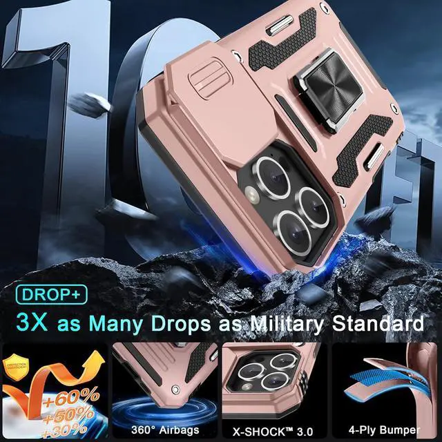 Alt view image 3 of 7 - Case for iPhone 16 Pro Max with Slide Camera Cover+Screen Protector (1 Pack) Rotated Ring Kickstand Military Grade Shockproof Protective Cover-Rose Gold