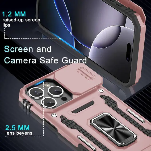 Alt view image 5 of 7 - Case for iPhone 16 Pro Max with Slide Camera Cover+Screen Protector (1 Pack) Rotated Ring Kickstand Military Grade Shockproof Protective Cover-Rose Gold