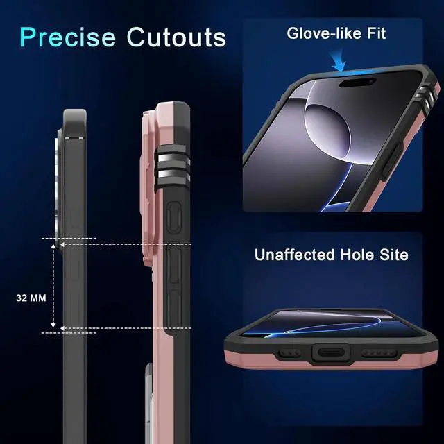 Alt view image 6 of 7 - Case for iPhone 16 Pro Max with Slide Camera Cover+Screen Protector (1 Pack) Rotated Ring Kickstand Military Grade Shockproof Protective Cover-Rose Gold