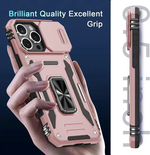 Alt view image 7 of 7 - Case for iPhone 16 Pro Max with Slide Camera Cover+Screen Protector (1 Pack) Rotated Ring Kickstand Military Grade Shockproof Protective Cover-Rose Gold