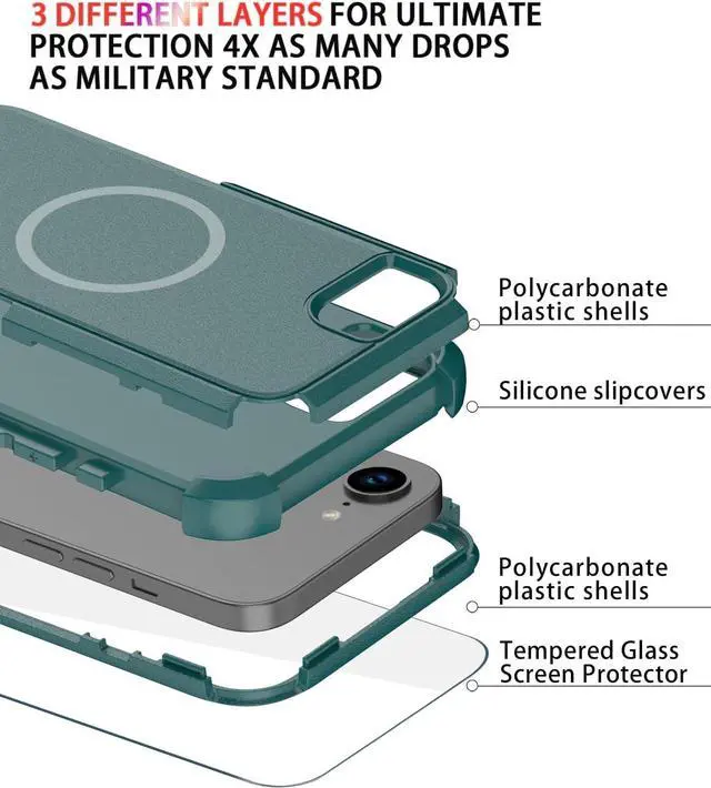 Alt view image 5 of 7 - for iPhone 16e Case [Compatible with MagSafe] [Shockproof] [Dropproof] [with Screen Protector ] Heavy Duty Protection Phone Case Cover for  iPhone 16e 2025 6.1 inch (Dark Green)