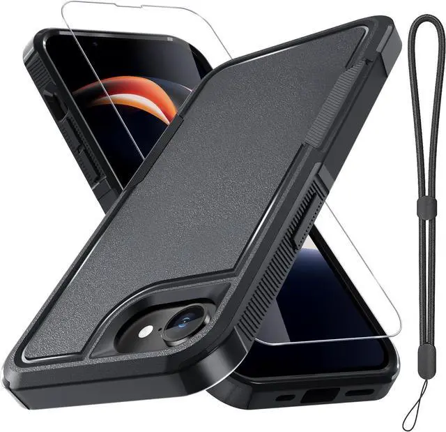 Main image of for iPhone 16E Case with Screen Protector Military Grade Heavy Duty Shockproof Phone Cover with Wrist Lanyard Strap for iPhone 16E 2025 Released Black Matte