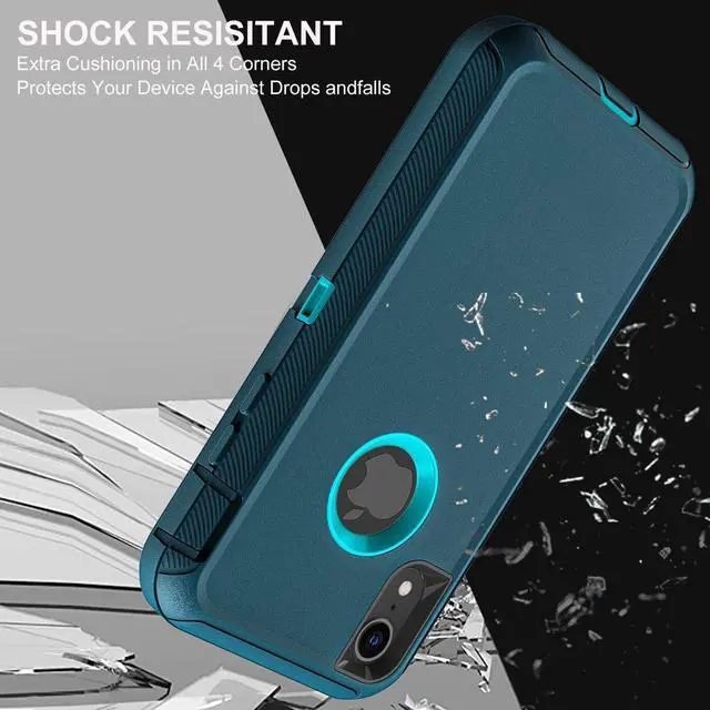 Alt view image 5 of 6 - for iPhone XR Case Military Grade 3 in 1 Heavy Duty Shockproof/Drop Proof/Dust Proof Case with 2Pcs Tempered Glass Screen Protector (Blue/Turquoise)