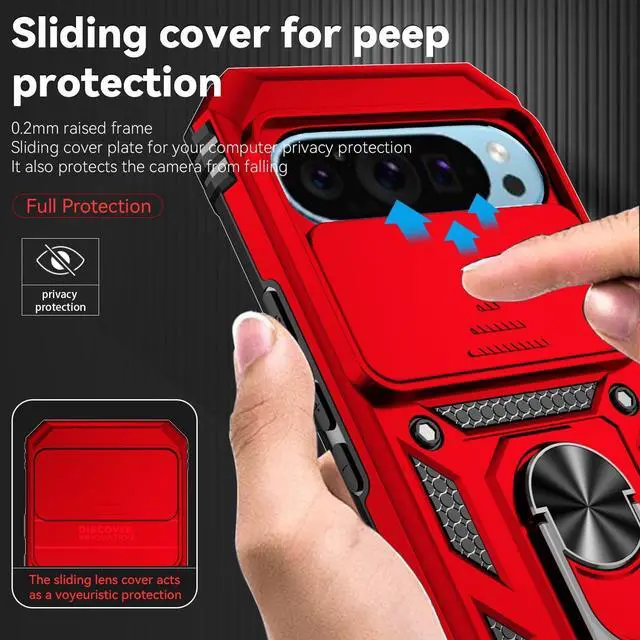 Alt view image 2 of 7 - Phone Case for Google Pixel 9 / Pixel 9 Pro Case with HD Screen Protector & Slide Camera Cover & Rotated Ring Kickstand [Military-Grade] Phone Case for Google Pixel 9 / Pixel 9 Pro (Red)