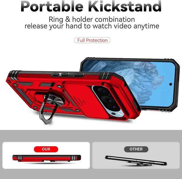 Alt view image 5 of 7 - Phone Case for Google Pixel 9 / Pixel 9 Pro Case with HD Screen Protector & Slide Camera Cover & Rotated Ring Kickstand [Military-Grade] Phone Case for Google Pixel 9 / Pixel 9 Pro (Red)