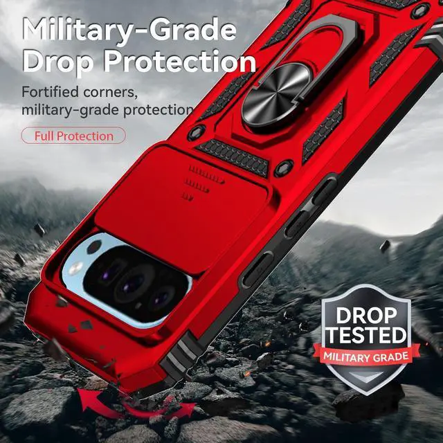 Alt view image 6 of 7 - Phone Case for Google Pixel 9 / Pixel 9 Pro Case with HD Screen Protector & Slide Camera Cover & Rotated Ring Kickstand [Military-Grade] Phone Case for Google Pixel 9 / Pixel 9 Pro (Red)