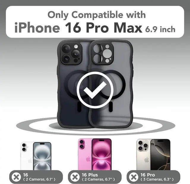 Alt view image 2 of 7 - for iPhone 16 Pro Max Case for Women Girls Upgraded [Full Camera Protection] [Compatible with MagSafe] Cute Wave Translucent Matte Phone Case for iPhone 16 Pro Max Black