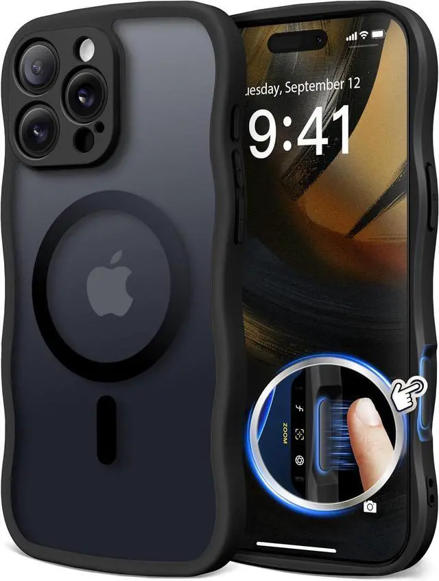 Main image of for iPhone 16 Pro Max Case for Women Girls Upgraded [Full Camera Protection] [Compatible with MagSafe] Cute Wave Translucent Matte Phone Case for iPhone 16 Pro Max Black
