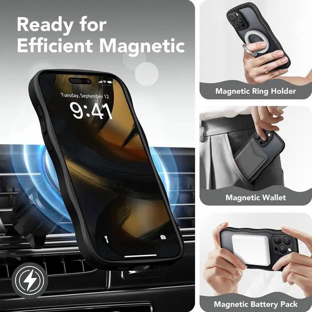 Alt view image 3 of 7 - for iPhone 16 Pro Max Case for Women Girls Upgraded [Full Camera Protection] [Compatible with MagSafe] Cute Wave Translucent Matte Phone Case for iPhone 16 Pro Max Black