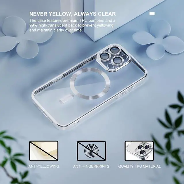 Alt view image 3 of 6 - Magnetic for iPhone 16 Pro Max Case with MagSafe [Never Yellowing] [Military Grade Drop Protection] Full Camera Lens Protector Plating Soft Clear Phone Case for Women Girls 6.9 inch Silver