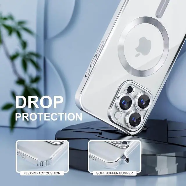 Alt view image 4 of 6 - Magnetic for iPhone 16 Pro Max Case with MagSafe [Never Yellowing] [Military Grade Drop Protection] Full Camera Lens Protector Plating Soft Clear Phone Case for Women Girls 6.9 inch Silver