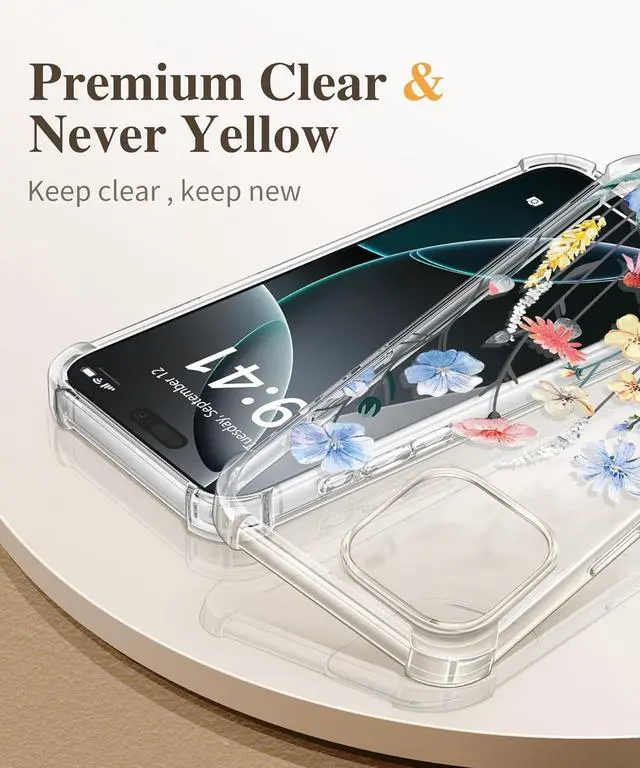 Alt view image 3 of 7 - for iPhone 16 Pro Max Case with Screen Protector & Camera Lens Protector [Military Grade Protection] Clear Shockproof Slim Floral Phone Cover for Women Girls 6.9 (Aconite/Light Blue)
