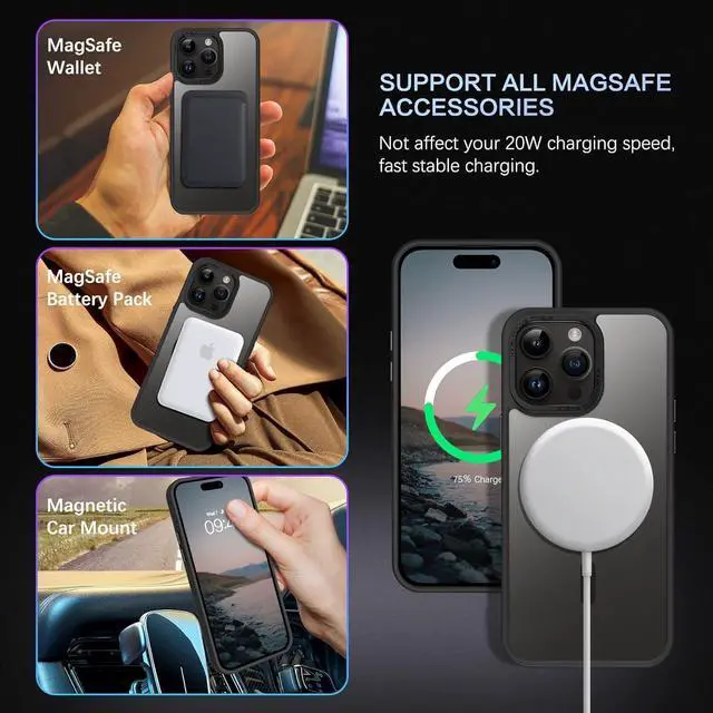 Alt view image 2 of 7 - Magnetic for iPhone 14 Pro Case [Compatible with Magsafe] Translucent Matte 14 Pro Phone Case Slim Thin Shockproof Women Men Girls Boys Protective Cover Cases for iPhone14 Pro 6.1 Black