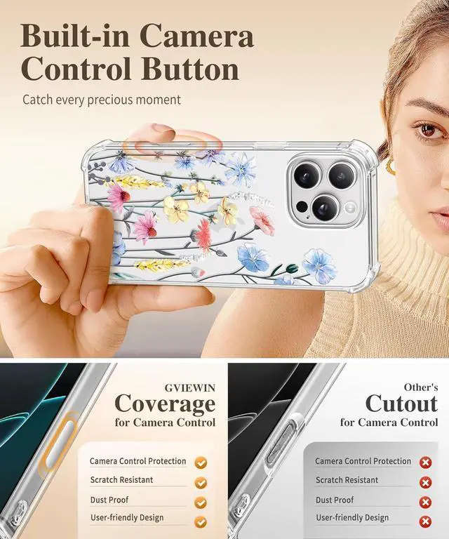 Alt view image 5 of 7 - for iPhone 16 Pro Max Case with Screen Protector & Camera Lens Protector [Military Grade Protection] Clear Shockproof Slim Floral Phone Cover for Women Girls 6.9 (Aconite/Light Blue)
