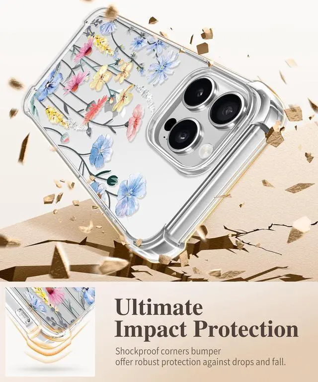 Alt view image 4 of 7 - for iPhone 16 Pro Max Case with Screen Protector & Camera Lens Protector [Military Grade Protection] Clear Shockproof Slim Floral Phone Cover for Women Girls 6.9 (Aconite/Light Blue)