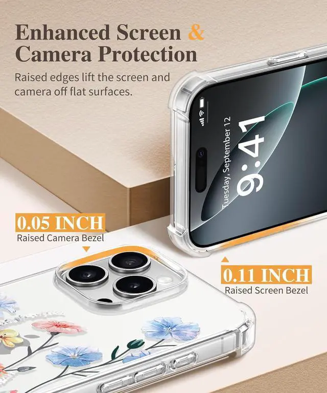 Alt view image 7 of 7 - for iPhone 16 Pro Max Case with Screen Protector & Camera Lens Protector [Military Grade Protection] Clear Shockproof Slim Floral Phone Cover for Women Girls 6.9 (Aconite/Light Blue)