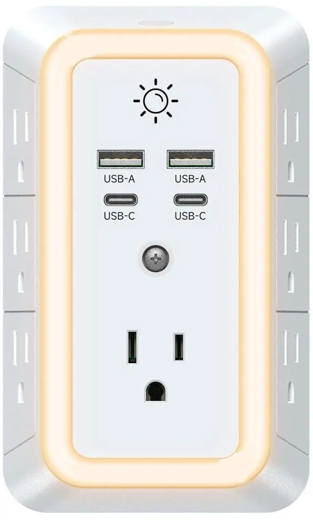 Main image of Multi Plug Outlet USB Wall Charger Surge Protector 7 Outlet Extender with 4 USB Charging Ports (2 USB C) 1680J Power Strips Outlets with Night Light Wall Plug Adapter Spaced for Home Travel Office