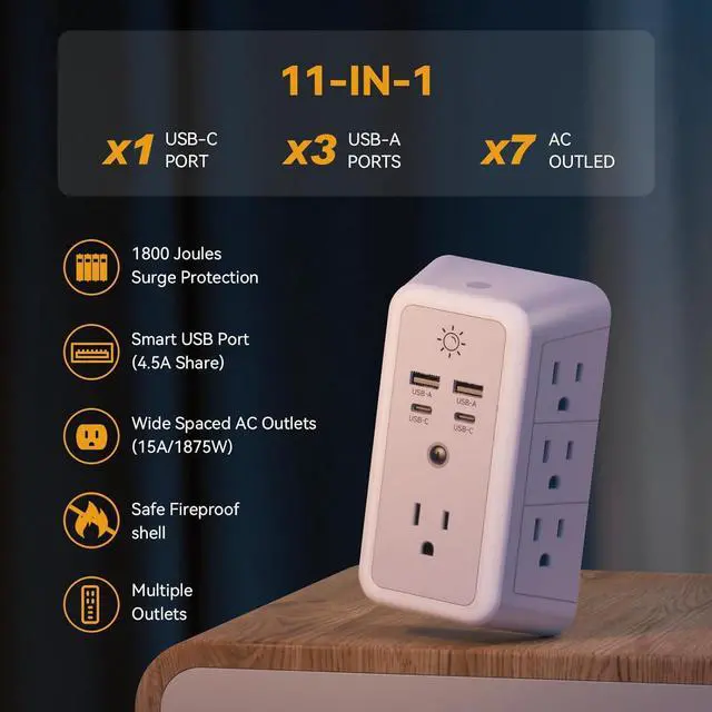 Alt view image 2 of 7 - Multi Plug Outlet USB Wall Charger Surge Protector 7 Outlet Extender with 4 USB Charging Ports (2 USB C) 1680J Power Strips Outlets with Night Light Wall Plug Adapter Spaced for Home Travel Office