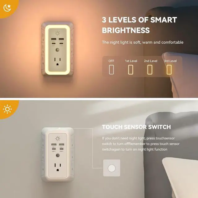 Alt view image 3 of 7 - Multi Plug Outlet USB Wall Charger Surge Protector 7 Outlet Extender with 4 USB Charging Ports (2 USB C) 1680J Power Strips Outlets with Night Light Wall Plug Adapter Spaced for Home Travel Office