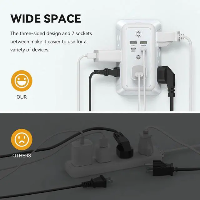 Alt view image 4 of 7 - Multi Plug Outlet USB Wall Charger Surge Protector 7 Outlet Extender with 4 USB Charging Ports (2 USB C) 1680J Power Strips Outlets with Night Light Wall Plug Adapter Spaced for Home Travel Office