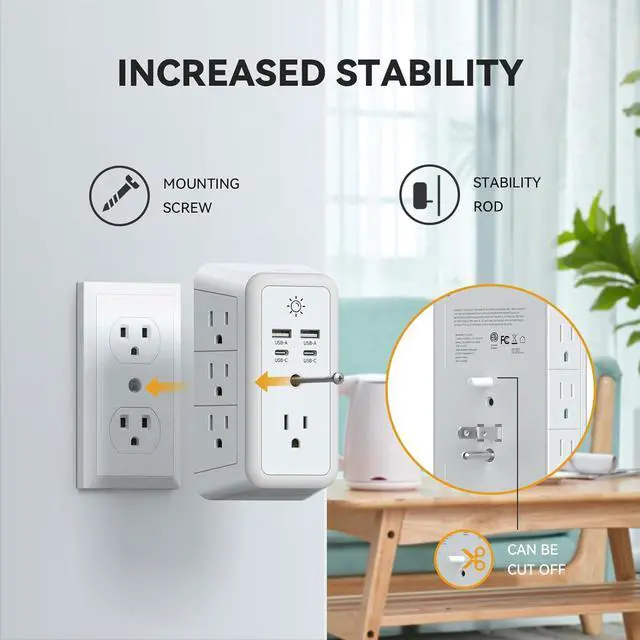 Alt view image 5 of 7 - Multi Plug Outlet USB Wall Charger Surge Protector 7 Outlet Extender with 4 USB Charging Ports (2 USB C) 1680J Power Strips Outlets with Night Light Wall Plug Adapter Spaced for Home Travel Office