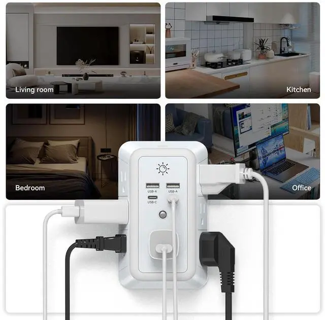 Alt view image 6 of 7 - Multi Plug Outlet USB Wall Charger Surge Protector 7 Outlet Extender with 4 USB Charging Ports (2 USB C) 1680J Power Strips Outlets with Night Light Wall Plug Adapter Spaced for Home Travel Office