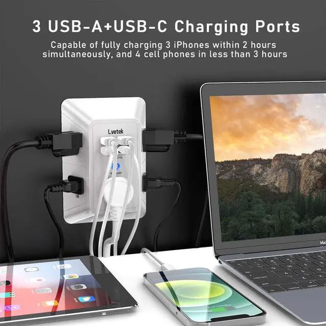 Alt view image 2 of 7 - 5 Outlet Extender Multi Plug Wall Outlets with 4 USB Charging Ports (1 USB C Outlet), 3 Sided 1680J Surge Protector Power Strip USB Wall Charger for Home, Office, Travel, ETL Listed, White