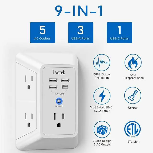 Alt view image 4 of 7 - 5 Outlet Extender Multi Plug Wall Outlets with 4 USB Charging Ports (1 USB C Outlet), 3 Sided 1680J Surge Protector Power Strip USB Wall Charger for Home, Office, Travel, ETL Listed, White